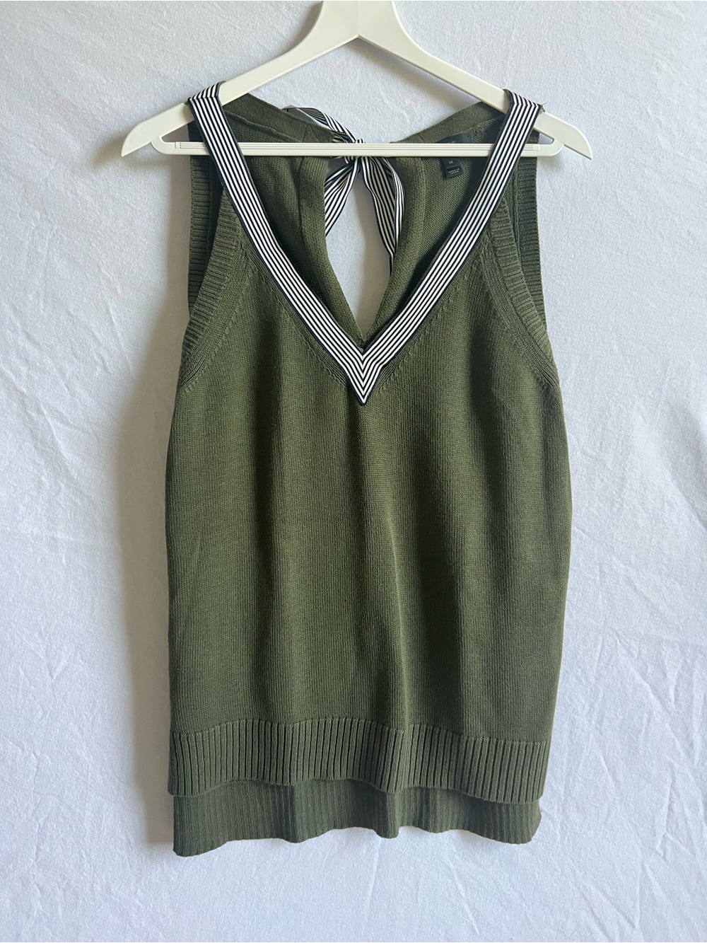 J. Crew Olive Green Knit Tank with Striped V-Neck Tie